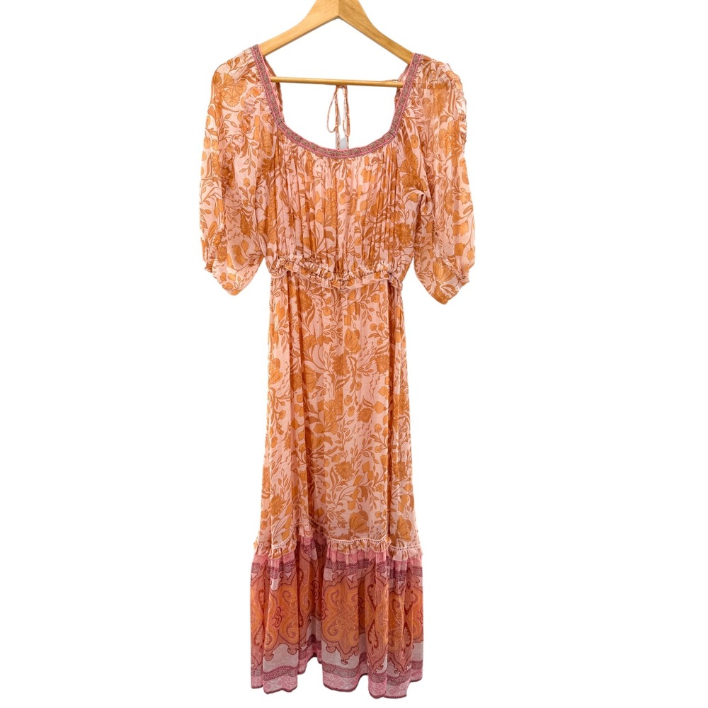 Super Natural by Secret Mission Pink Floral Boho Midi Dress Beaded Tassel Size M